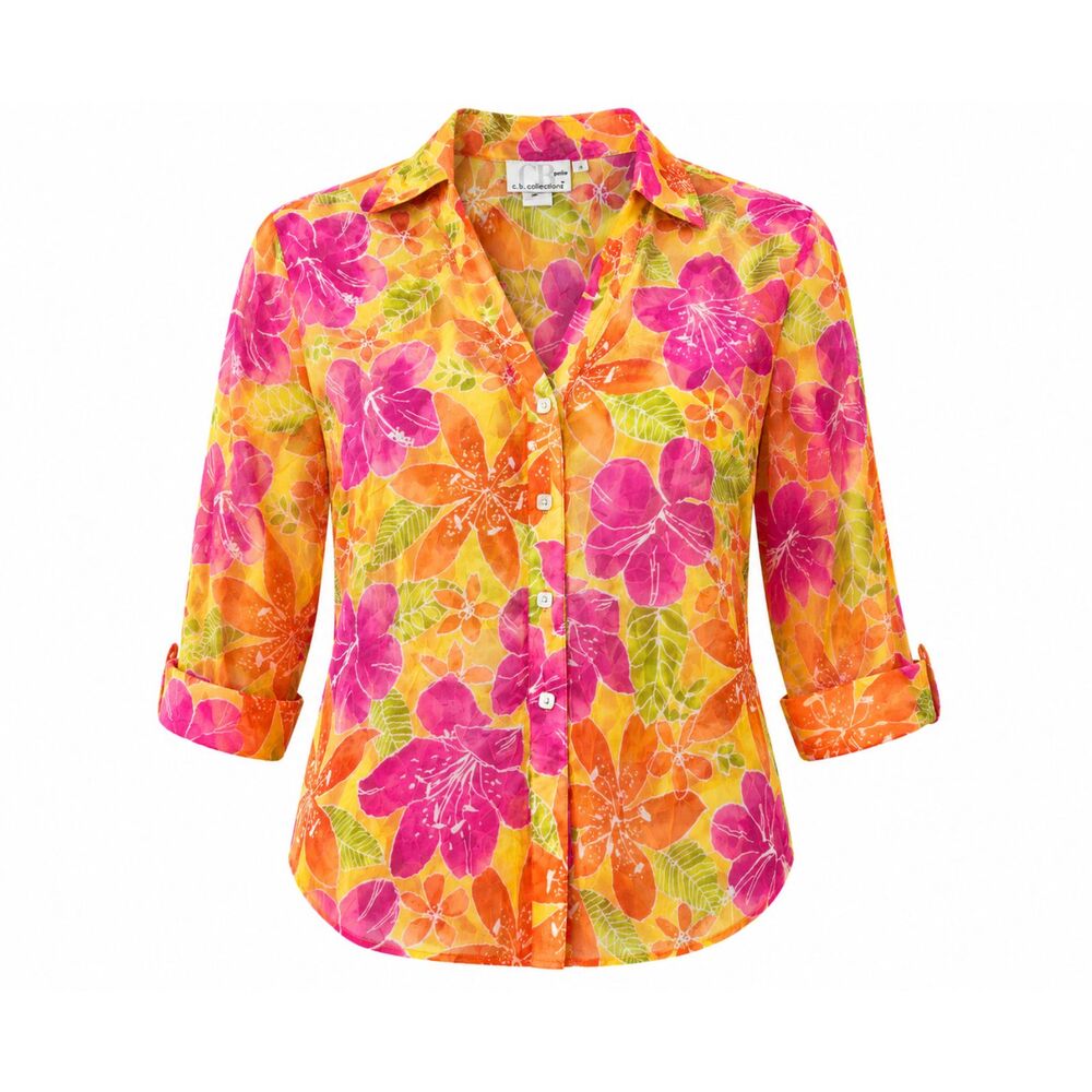 C.B. Collections Petite XL Floral Button Up Blouse Pink Orange Yellow 3/4 Sleeve
